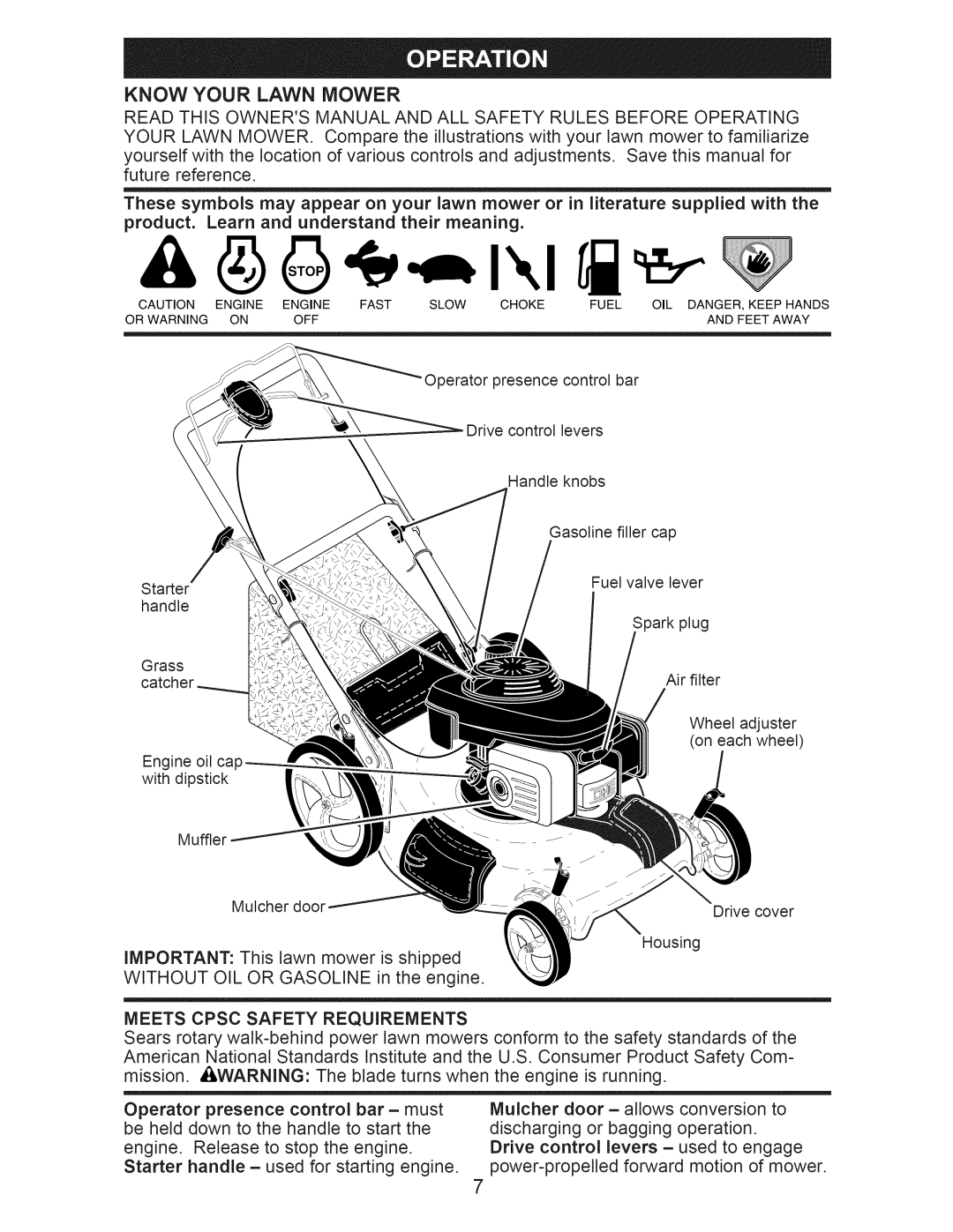 Craftsman 917.376540 manual Know Your Lawn Mower, Meets Cpsc Safety Requirements 