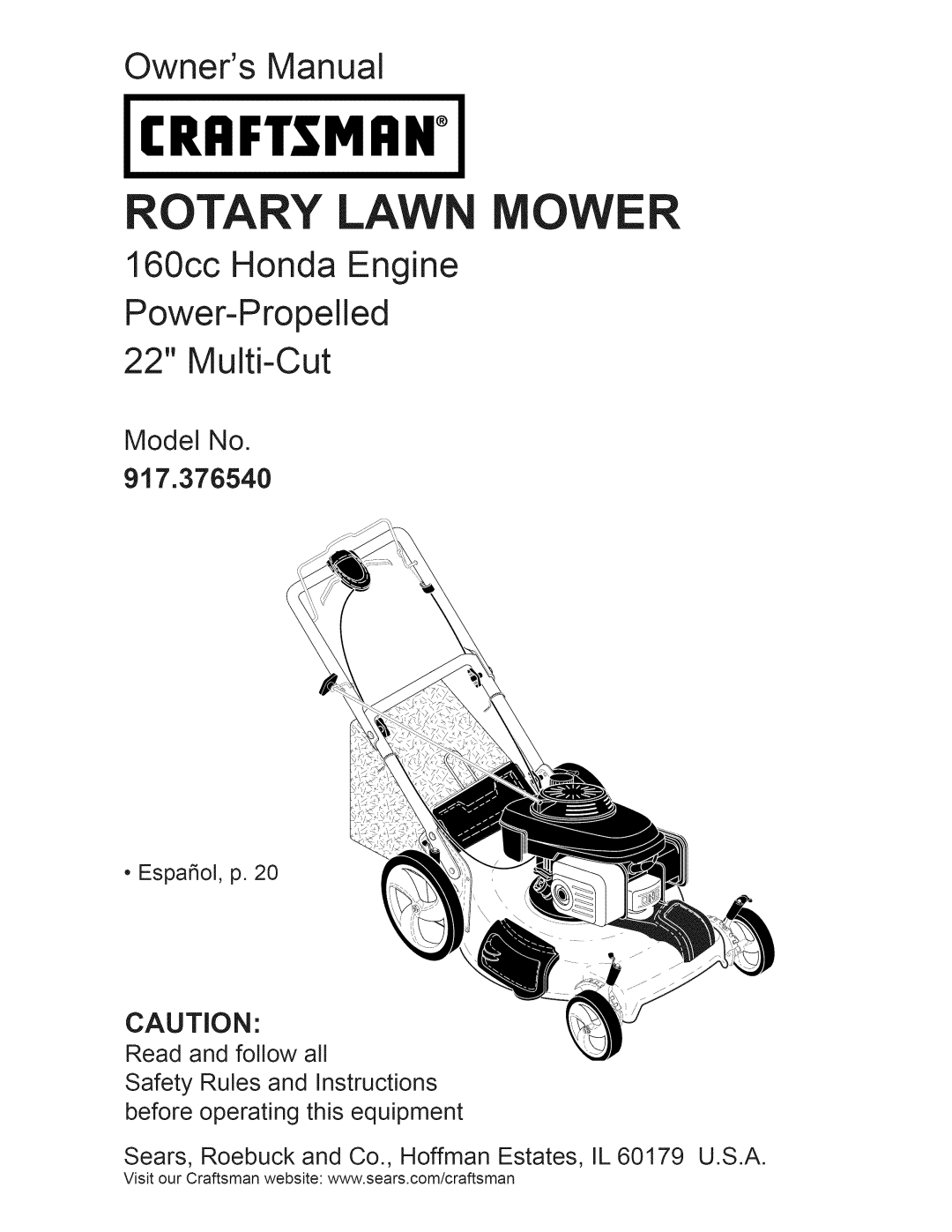 Craftsman manual Model No 917.376540, Craftsman, Rotary Lawn Mower, Owners Manual 