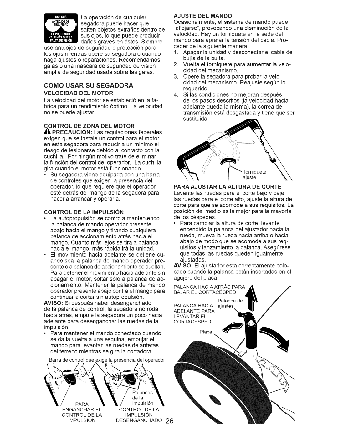 Craftsman 917.376540 manual Como Usar Su Segadora, Velocidad Del Motor, Control De La Impulsion 