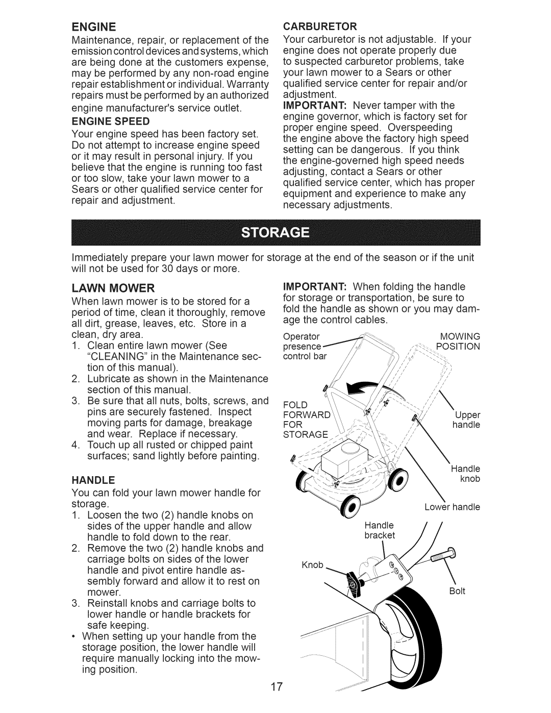 Craftsman 917.376541 owner manual Lawn Mower, Carburetor, Handle, Fold, Storage 