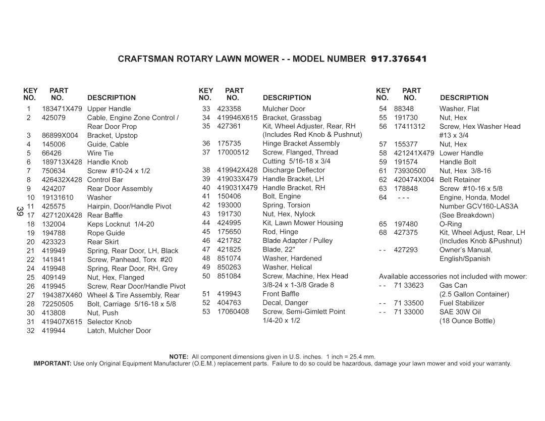 Craftsman 917.376541 owner manual KEY Part Description, GCV160-LAS3A 