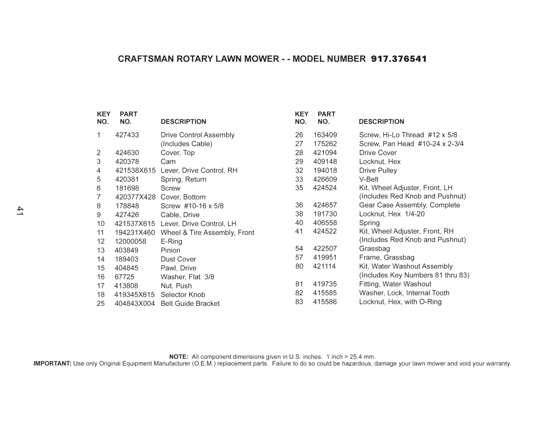 Craftsman 917.376541 owner manual Key, Part 