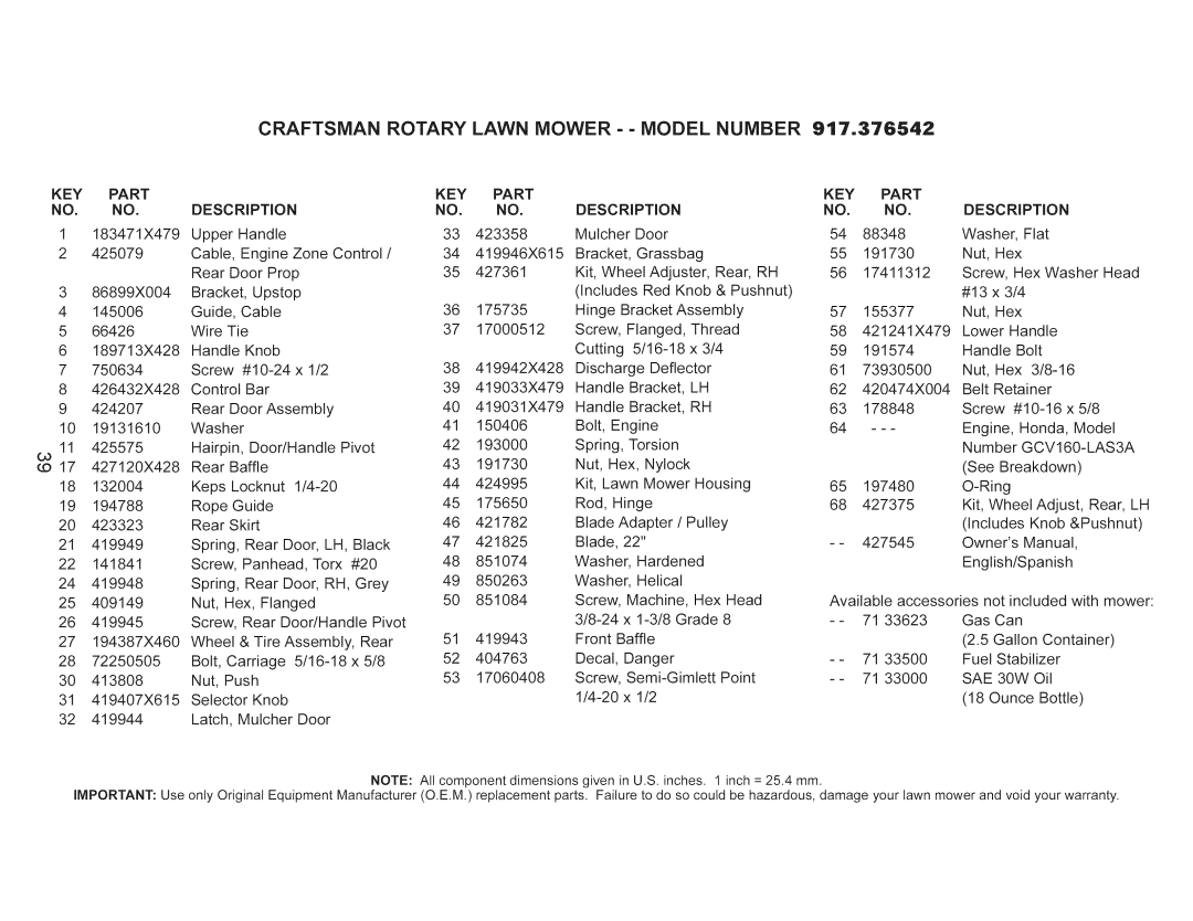 Craftsman 917.376542 owner manual Key, Part Description, GCV160=LAS3A 