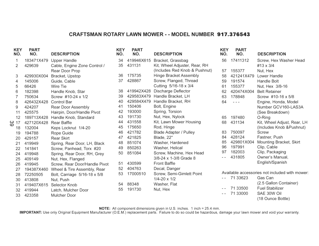 Craftsman 917.376543 manual Key, Part, DESCRiPTiON, GCV160-LAS3A 