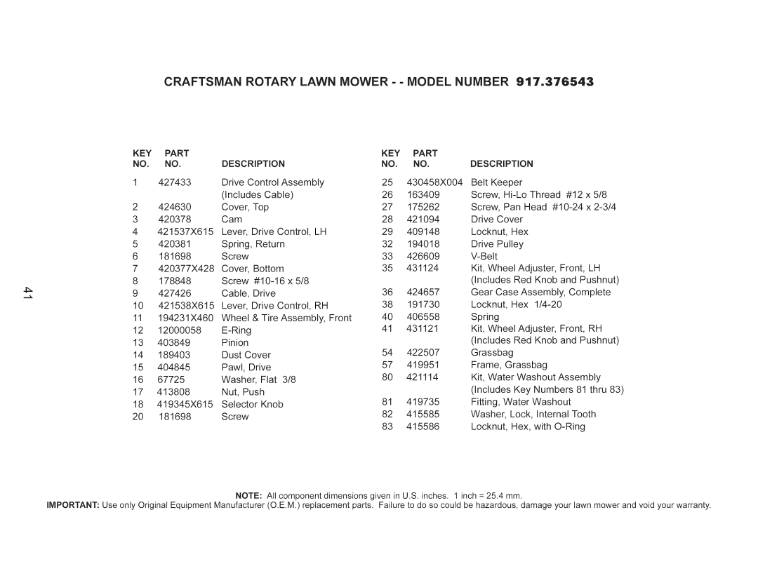 Craftsman 917.376543 manual Craftsman Rotary Lawn Mower - Model Number 917o376543, KEY Part Description 