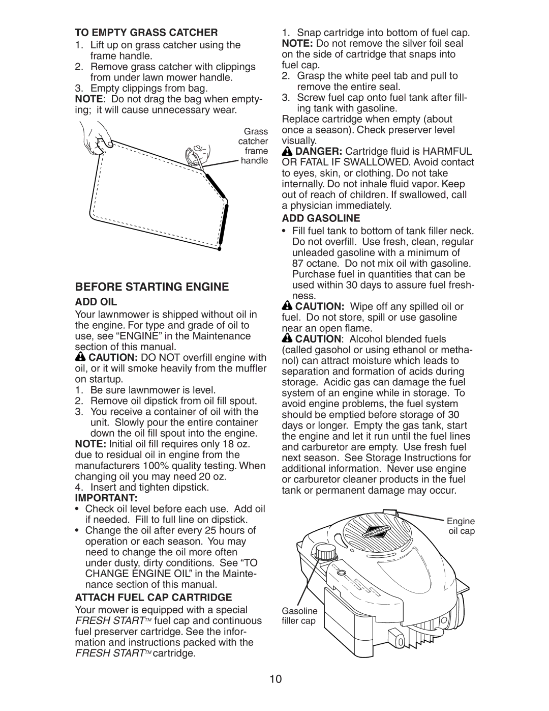 Craftsman 917.37658 Before Starting Engine, To Empty Grass Catcher, Add Oil, Attach Fuel CAP Cartridge, ADD Gasoline 