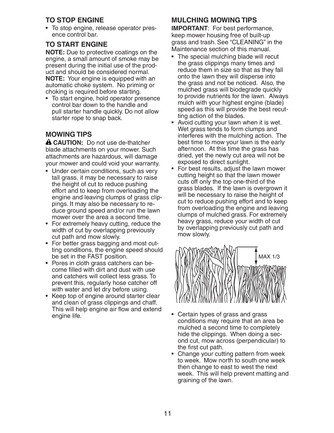 Craftsman 917.37658 owner manual To Stop Engine, To Start Engine, Mulching Mowing Tips 