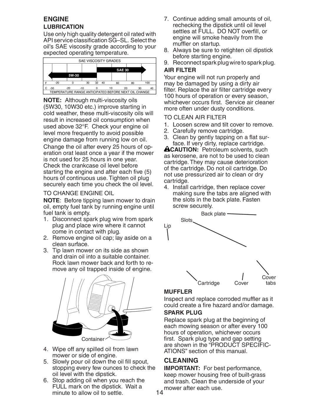 Craftsman 917.37658 owner manual Engine, Cleaning, AIR Filter, Muffler, Spark Plug 