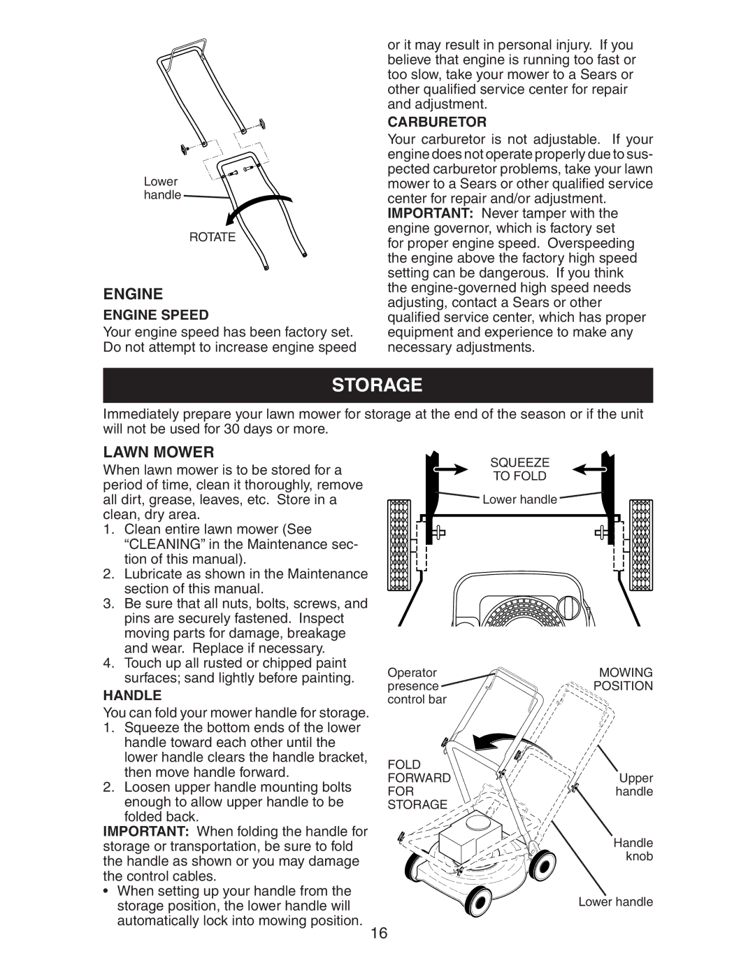 Craftsman 917.37658 owner manual Storage, Carburetor, Handle 