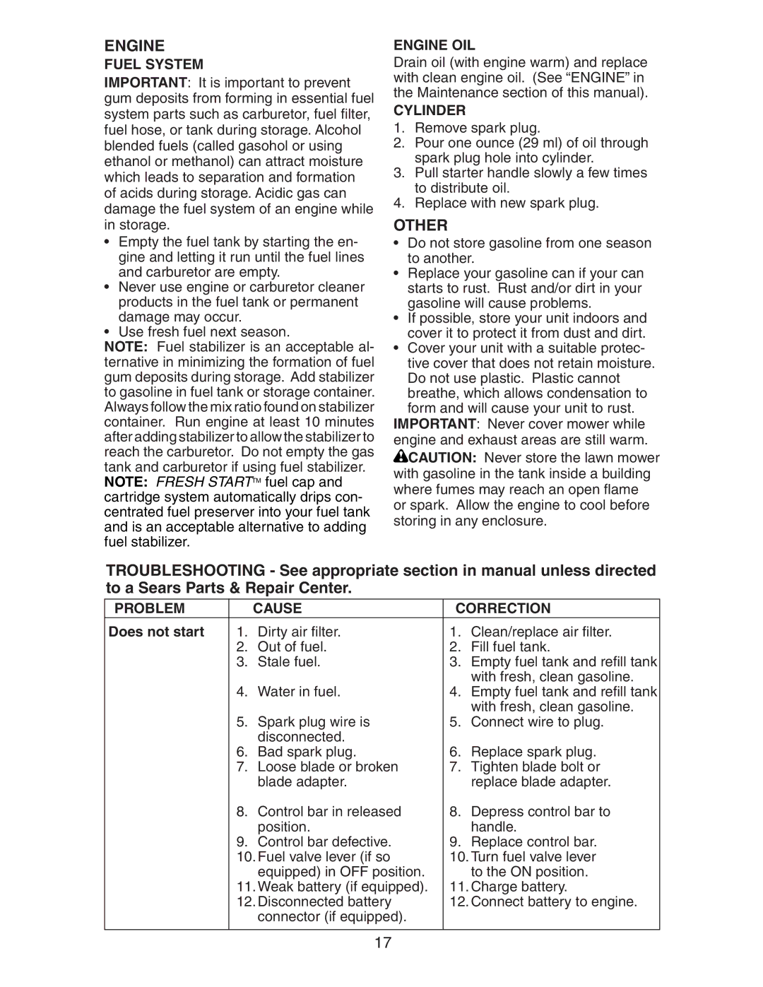 Craftsman 917.37658 owner manual Other, Fuel System, Engine OIL, Cylinder, Problem Cause Correction 