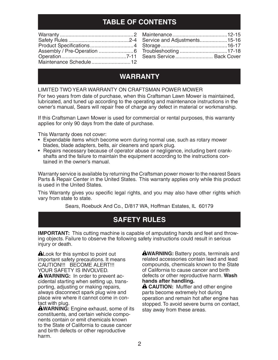 Craftsman 917.37658 owner manual Table of Contents, Warranty, Safety Rules 