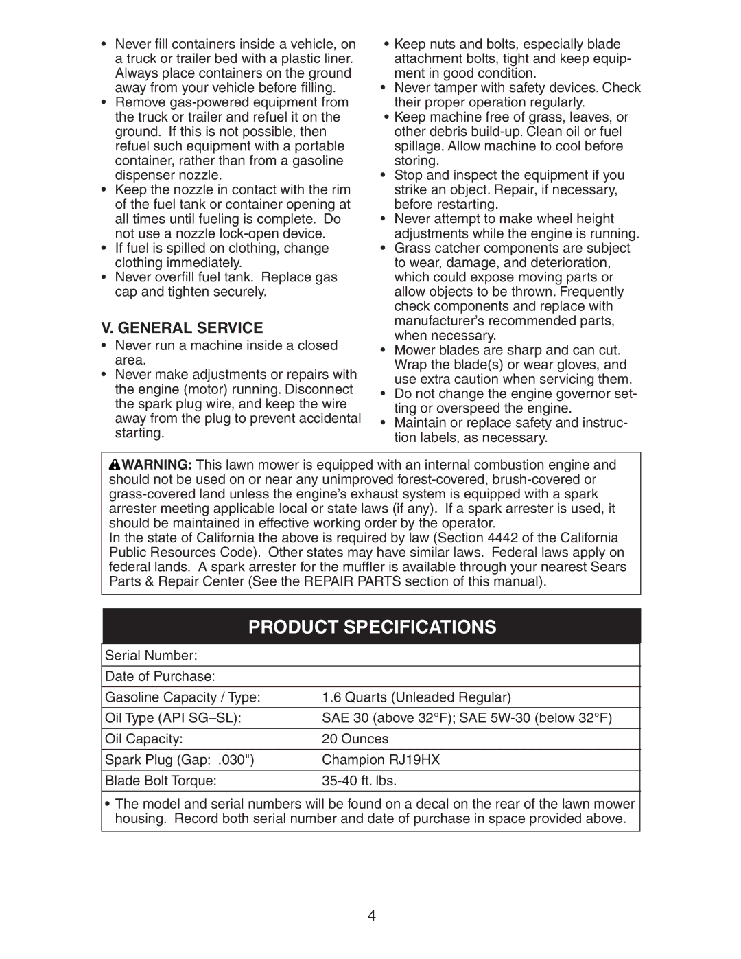 Craftsman 917.37658 owner manual Product Specifications, General Service 