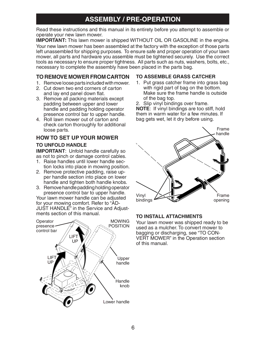 Craftsman 917.37658 owner manual Assembly / PRE-OPERATION, To Remove Mower from Carton, HOW to SET UP Your Mower 