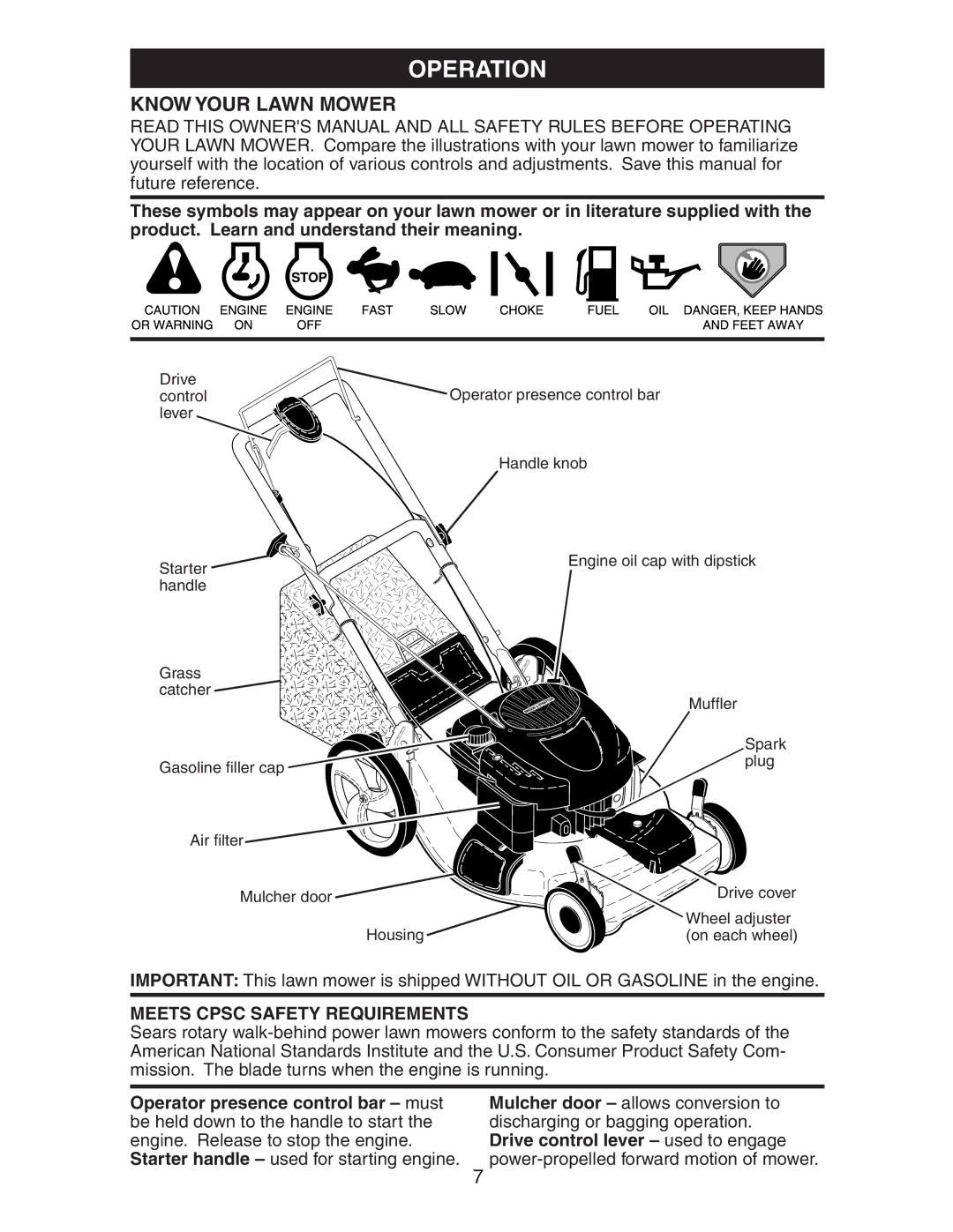 Craftsman 917.37658 owner manual Operation, Know Your Lawn Mower, Meets Cpsc Safety Requirements 