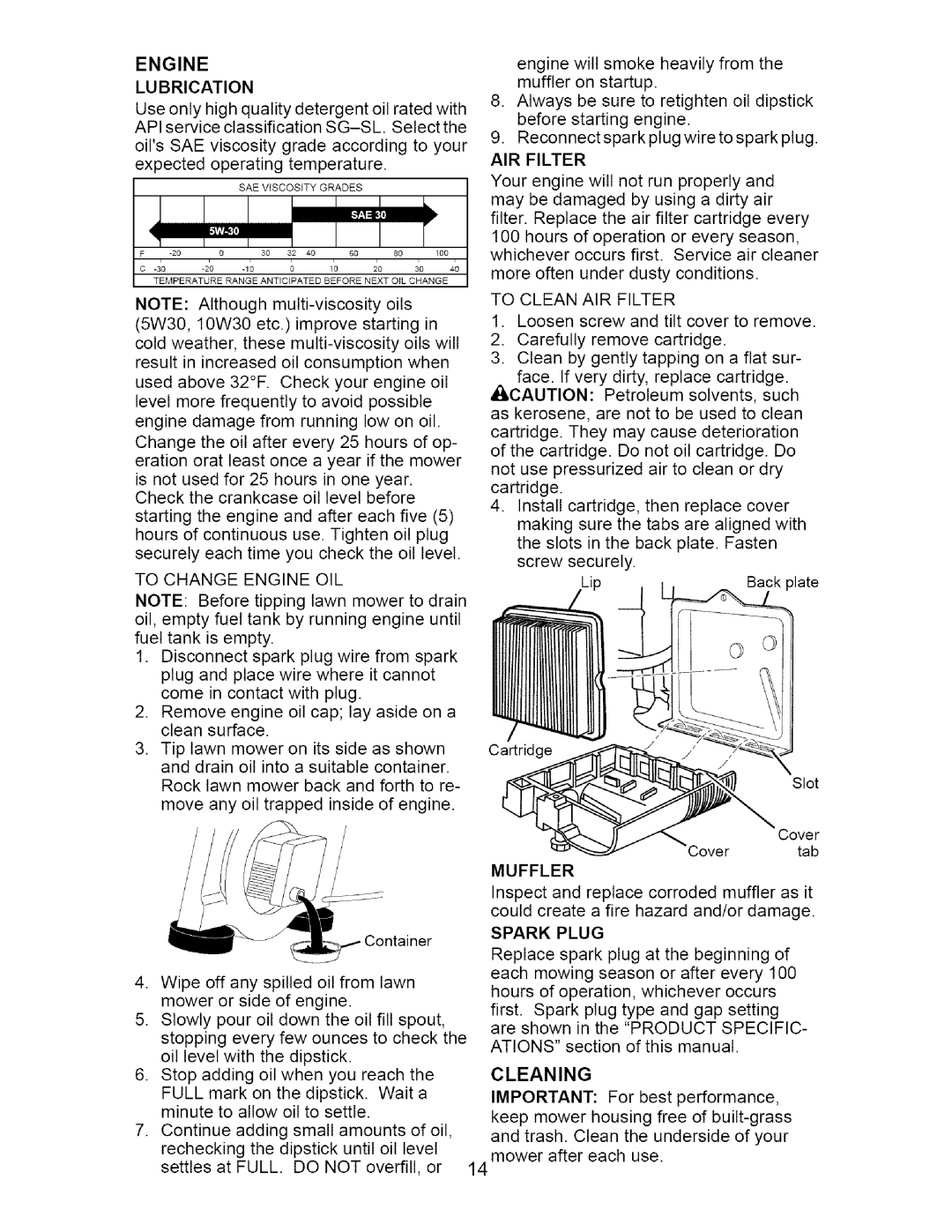 Craftsman 917.37667 owner manual Muffler, Spark Plug, Cleaning 