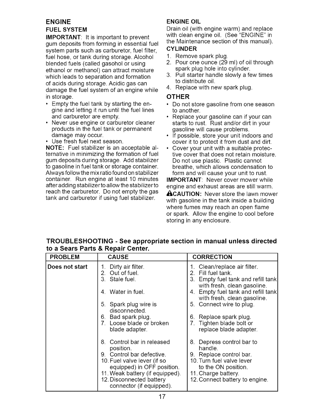 Craftsman 917.37667 owner manual To a Sears Parts & Repair Center, Problem, Does not start 