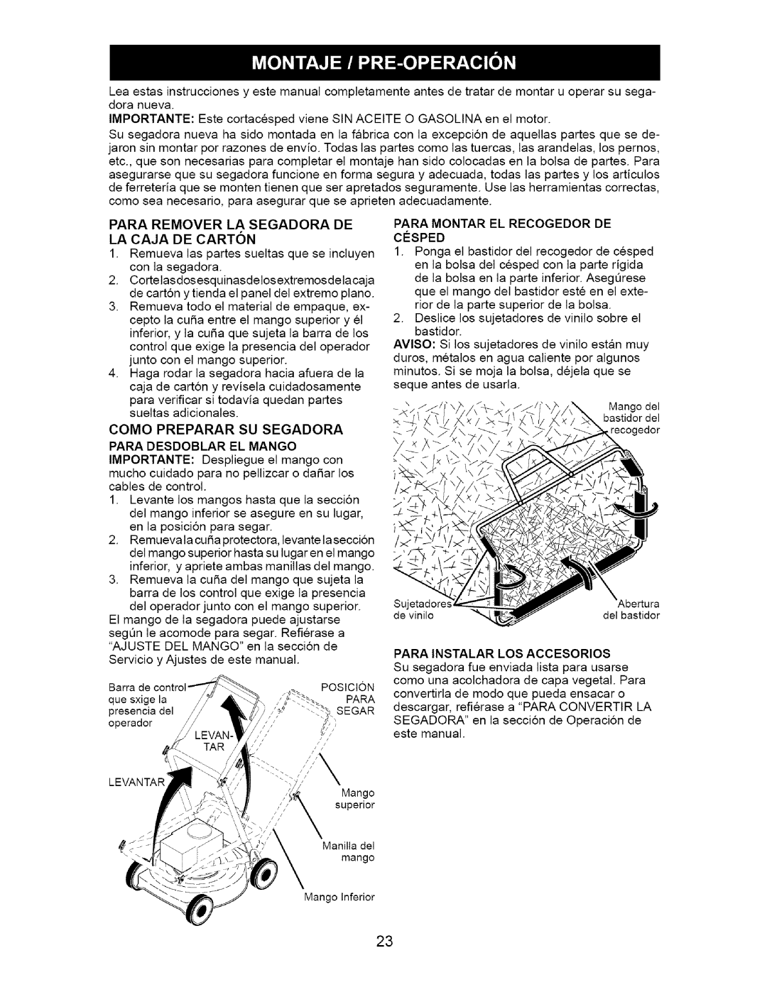 Craftsman 917.37667 owner manual Para Remover LA Segadora DE LA Caja DE Carton, Como Preparar SU Segadora, ClaSPED 