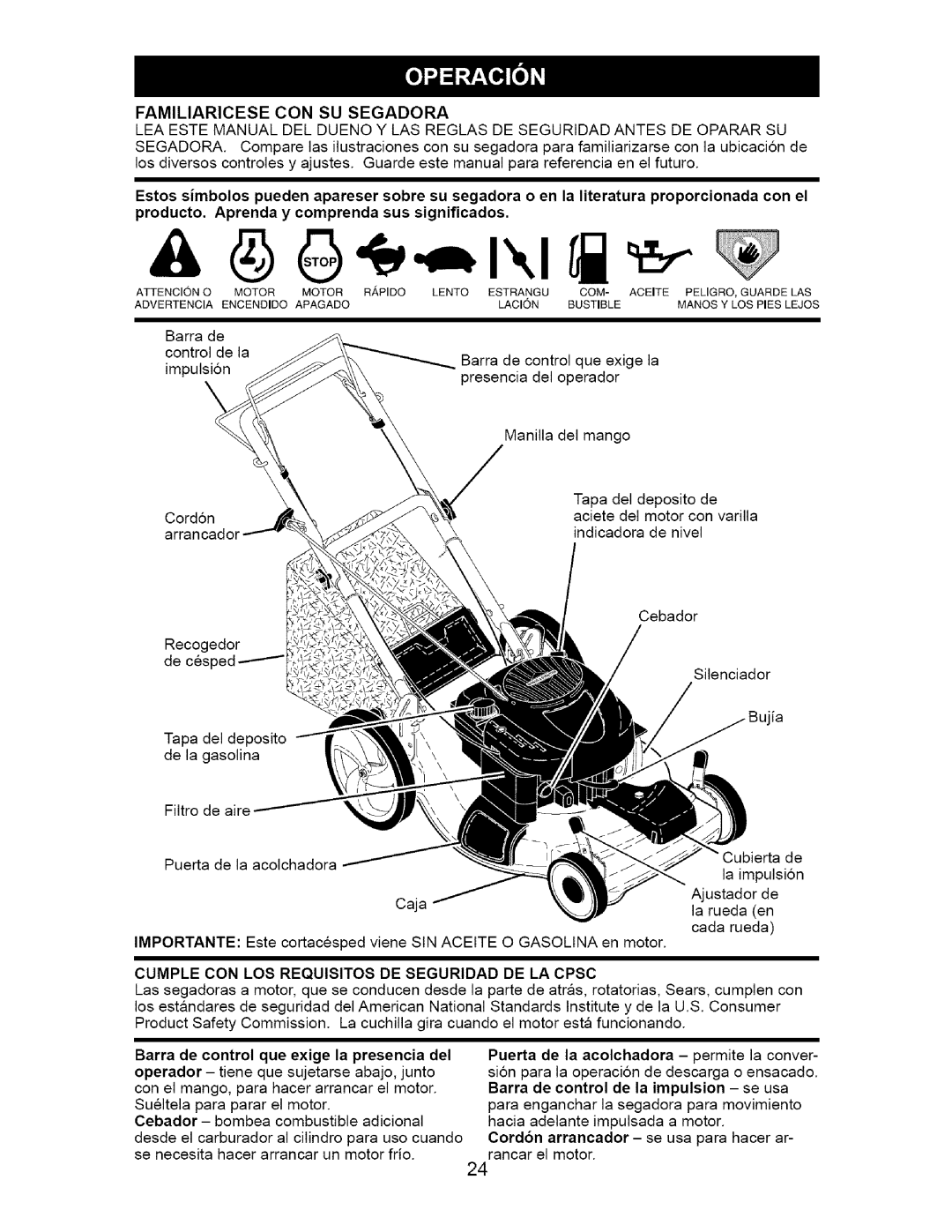 Craftsman 917.37667 owner manual Familiaricese CON SU Segadora, Cumple CON LOS Requisitos DE Seguridad DE LA Cpsc 