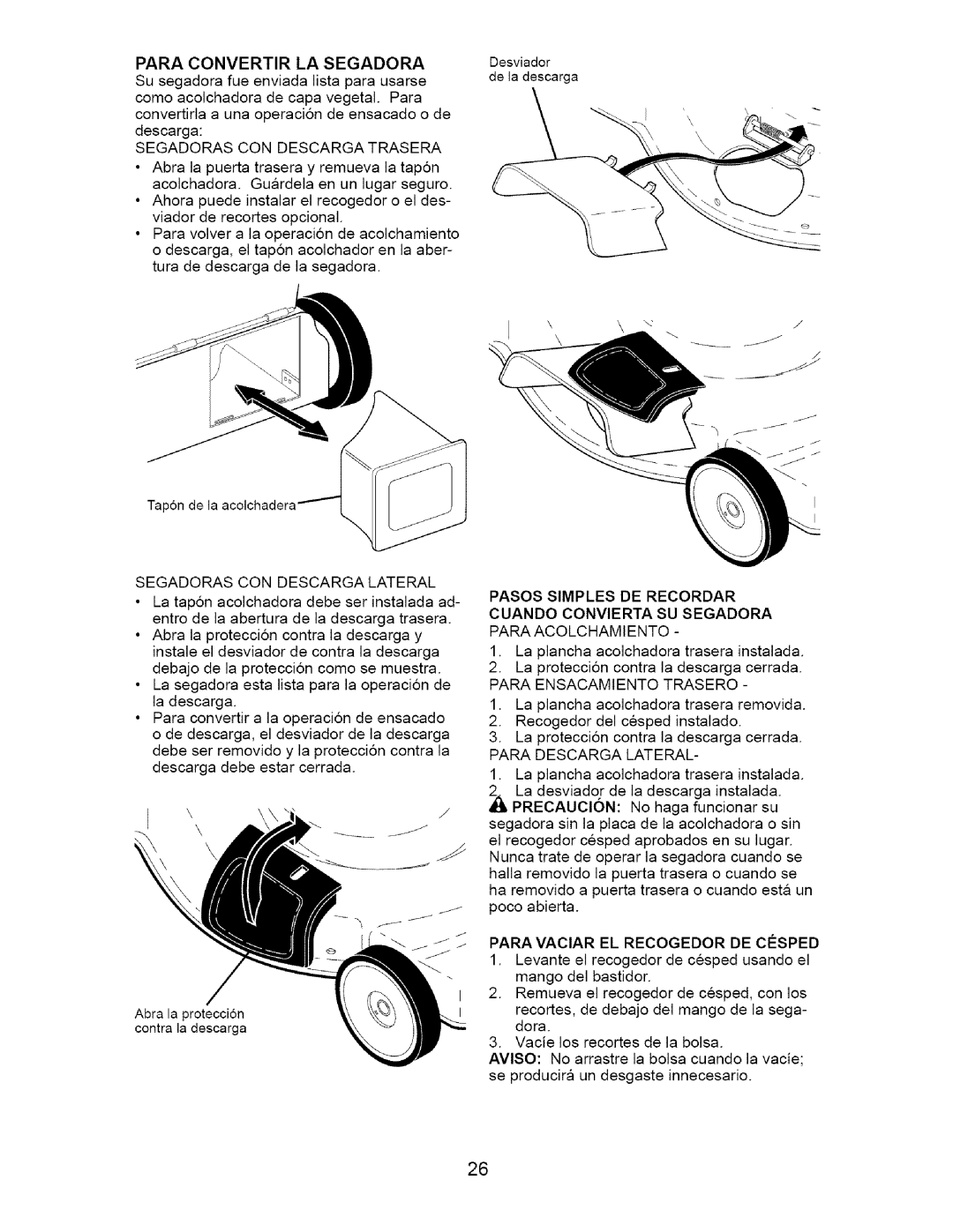 Craftsman 917.37667 owner manual Para Convertir LA Segadora, Segadoras CON Descarga Trasera, Segadoras CON Descarga Lateral 