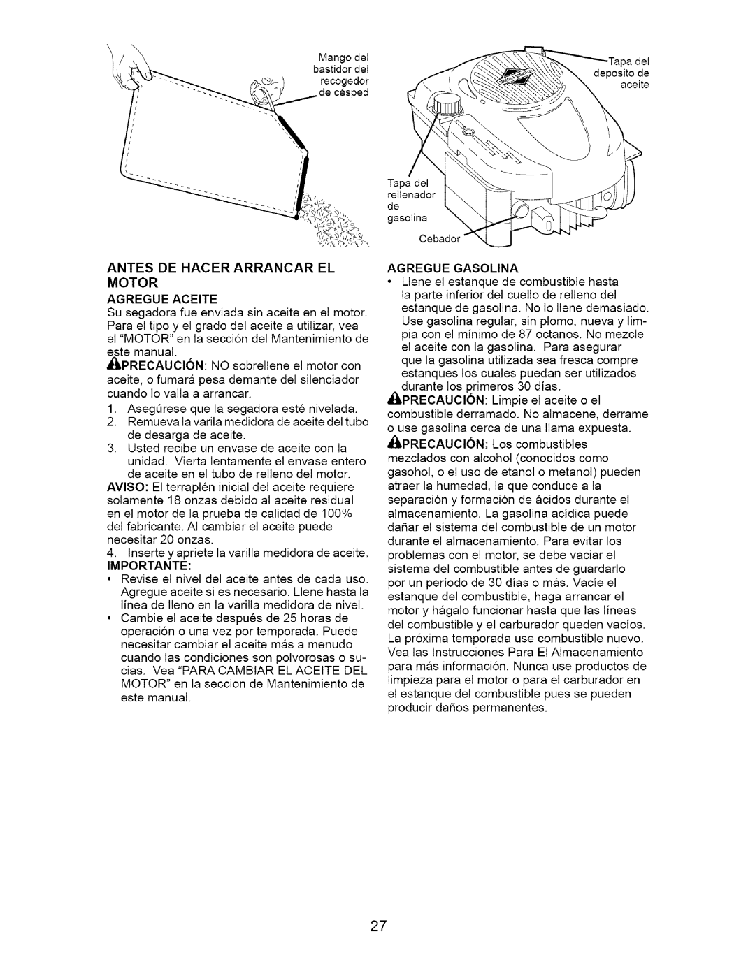 Craftsman 917.37667 owner manual Antes DE Hacer Arrancar EL, Motor Agregue Aceite, Importante, Agregue Gasolina 