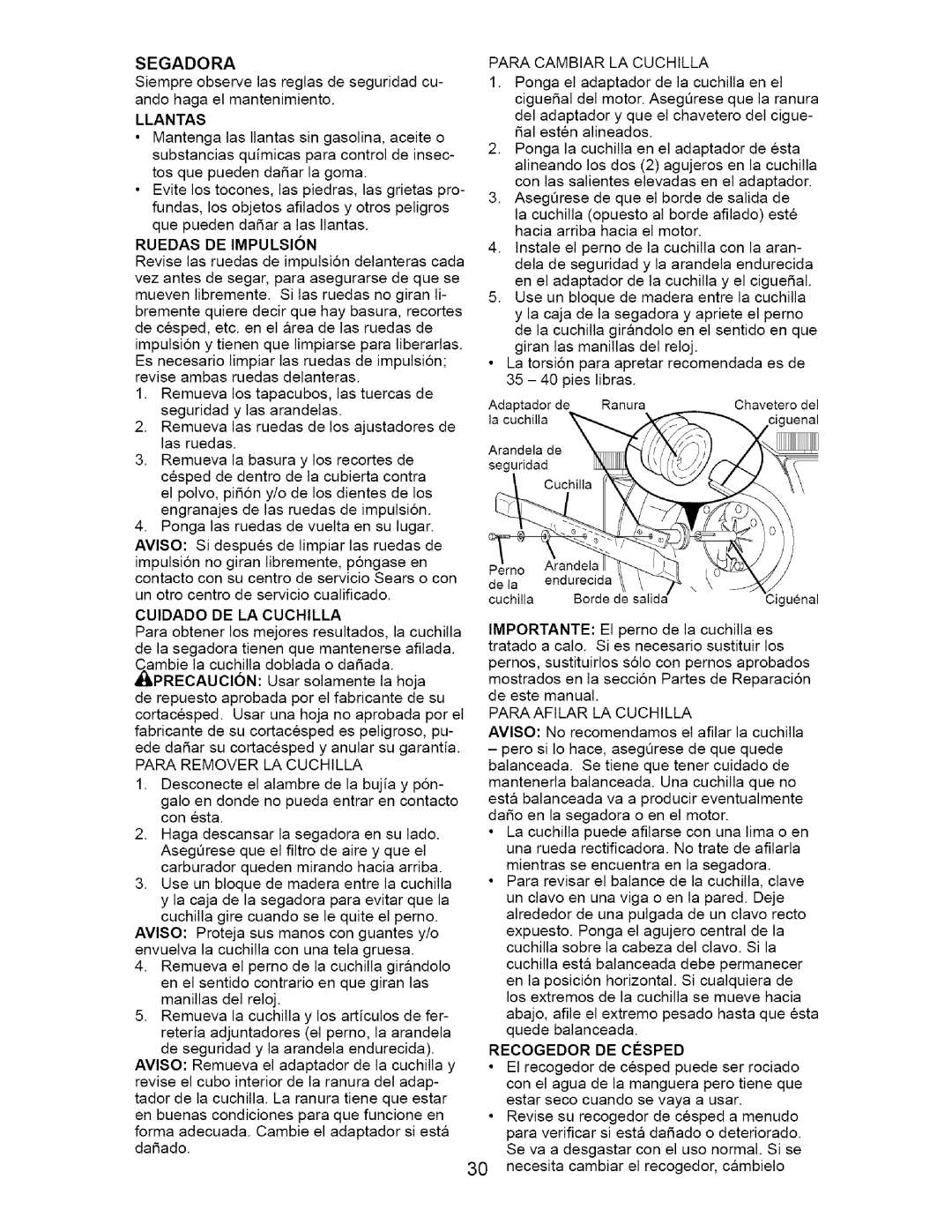 Craftsman 917.37667 owner manual Llantas, Ruedas DE Impulsion, Recogedor DE Cosped 