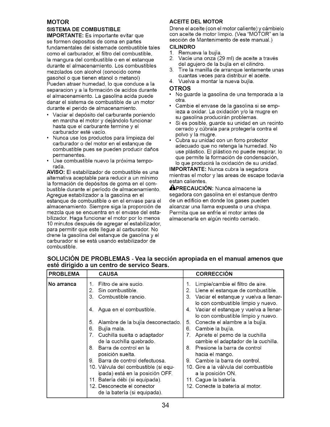 Craftsman 917.37667 owner manual Sistema DE Combustible, Aceite DEL Motor, Causa, No arranca 