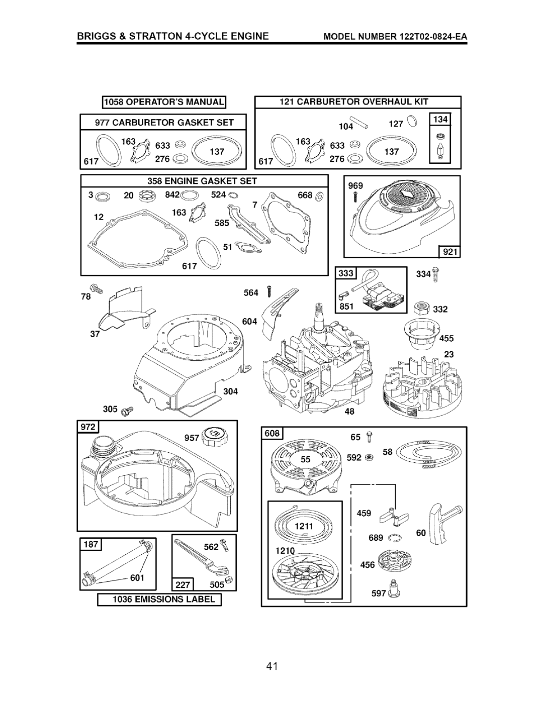 Craftsman 917.37667 owner manual Engine Gasket SET, Emissions Label 