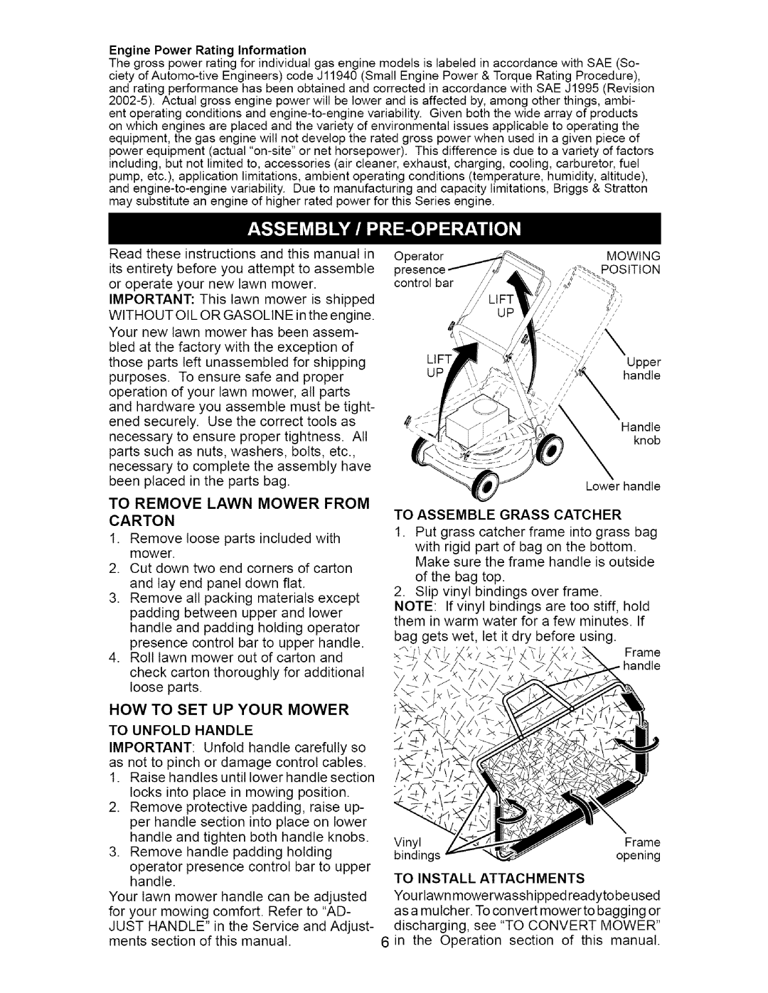 Craftsman 917.37667 owner manual Engine Power Rating Information, To Remove Lawn Mower from Carton 