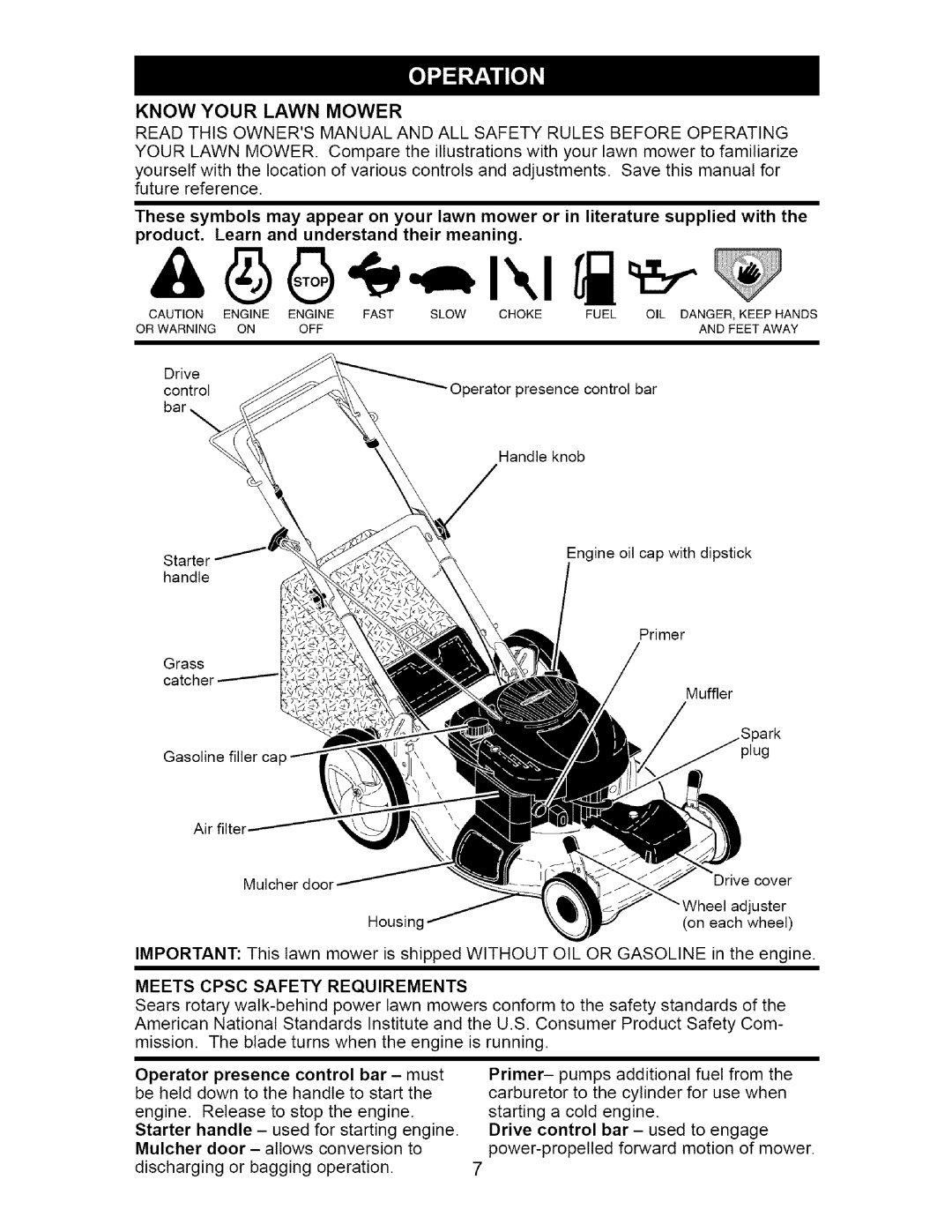 Craftsman 917.37667 owner manual Know Your Lawn Mower, Meets Cpsc Safety Requirements 