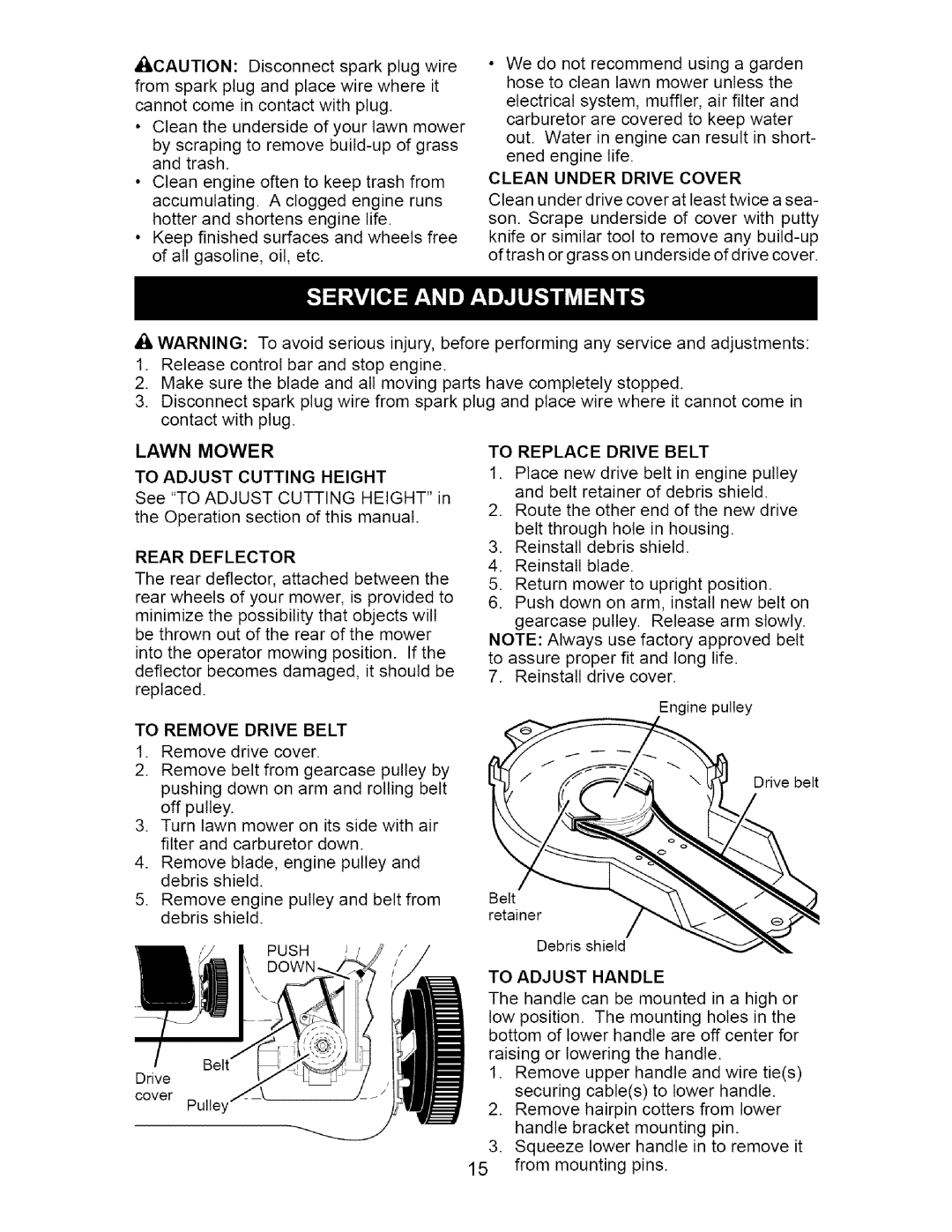 Craftsman 917.376671 owner manual Rear Deflector, To Remove Drive Belt, Push, To Replace Drive Belt, To Adjust Handle 