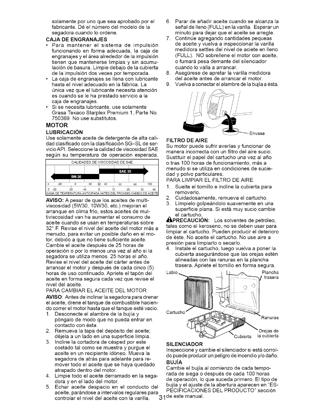 Craftsman 917.376671 owner manual Caja DE Engranajes, Para Cambiar EL Aceite DEL Motor, Para Limpiar EL Filtro DE Aire 