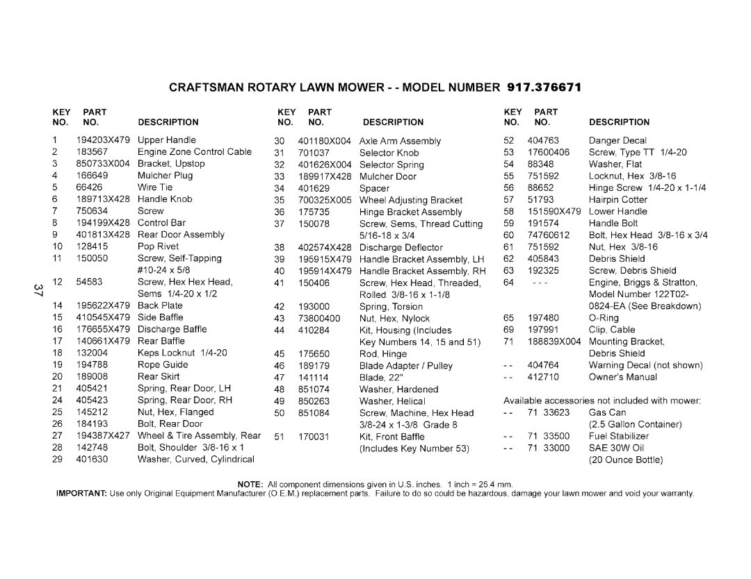 Craftsman 917.376671 owner manual Craftsman Rotary Lawn MOWER- Model Number, KEY Part, NO. no 