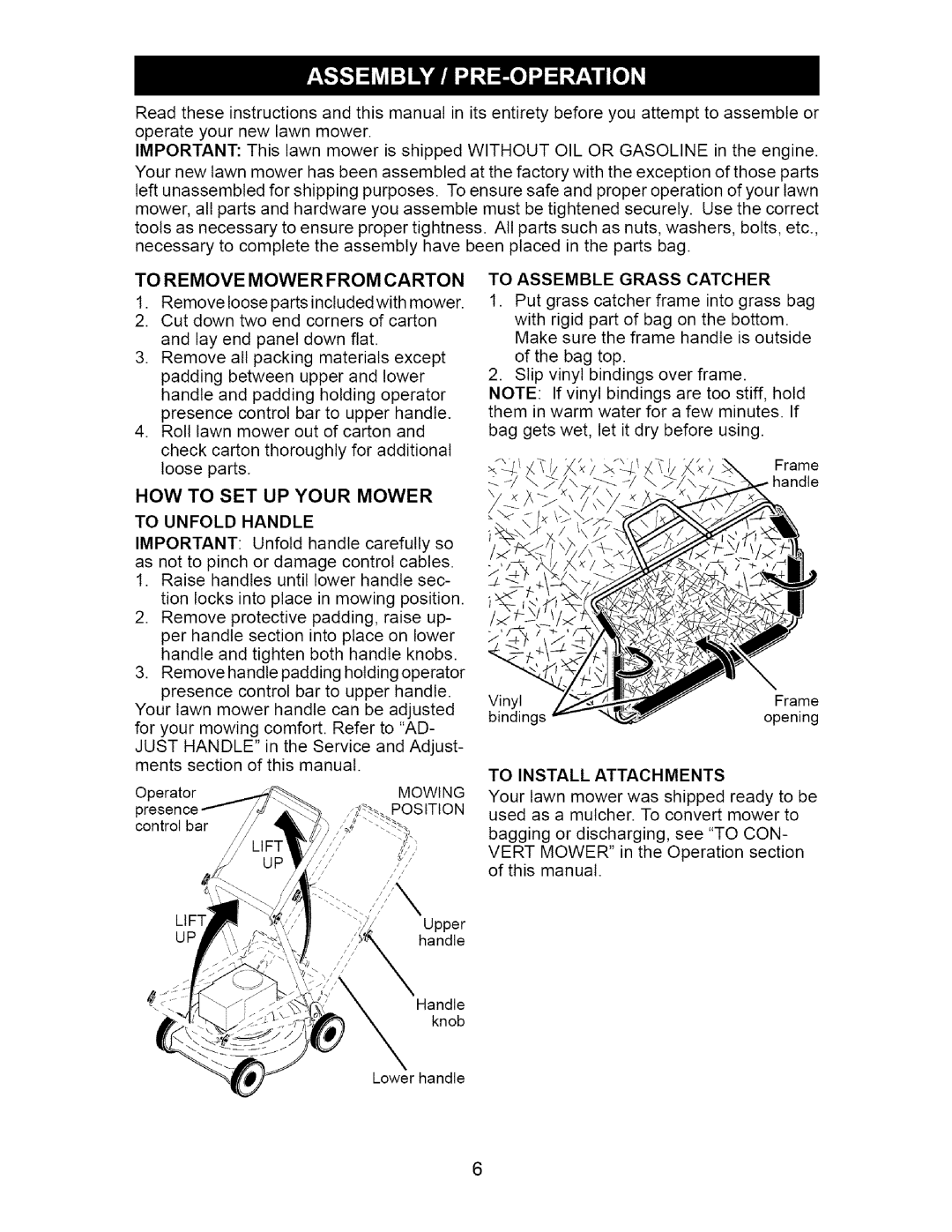 Craftsman 917.376671 owner manual To Remove Mower from Carton, To Unfold Handle, To Install Attachments 