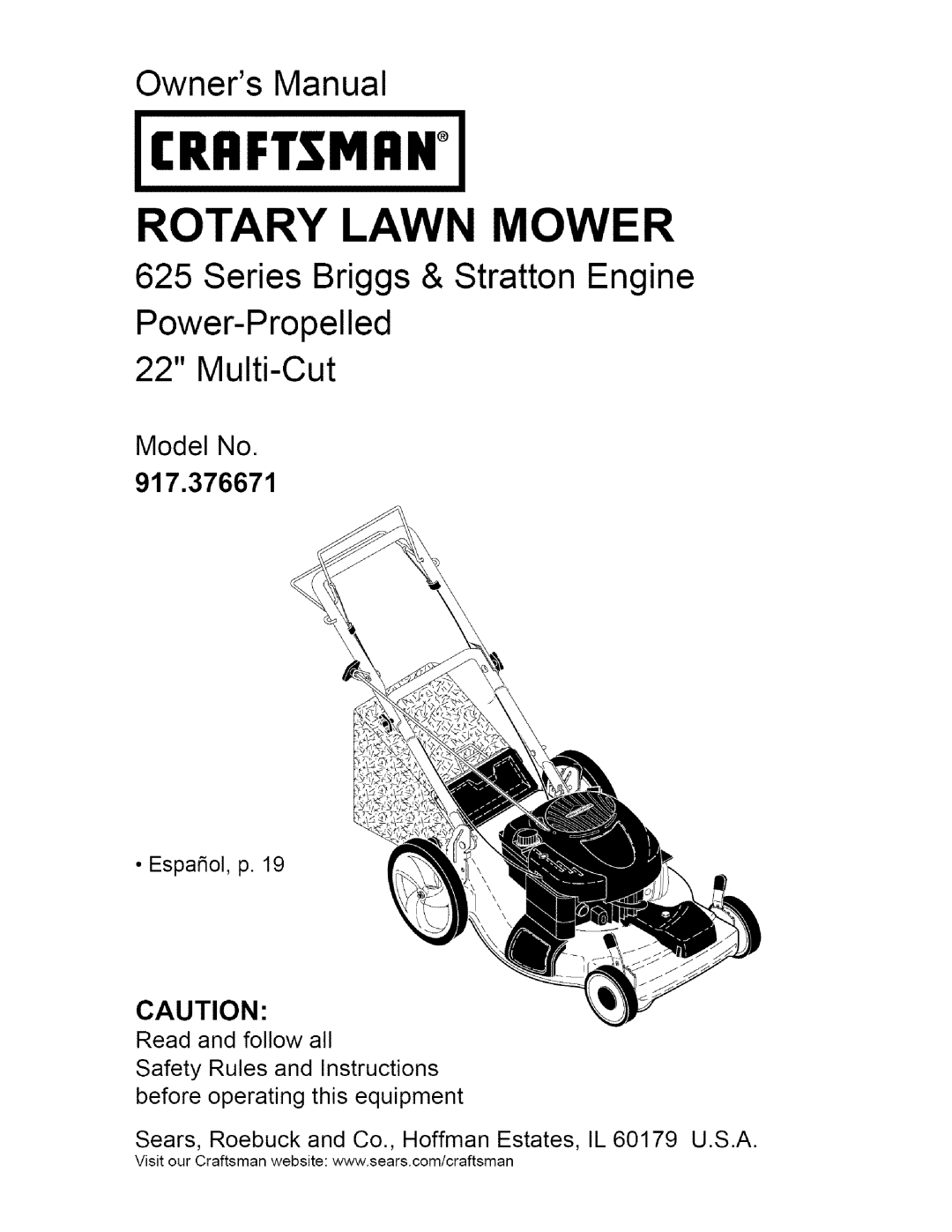 Craftsman 917.376671 owner manual Crrftsmiin, Rotary Lawn Mower, Series Briggs & Stratton Engine, Power-Propelled 