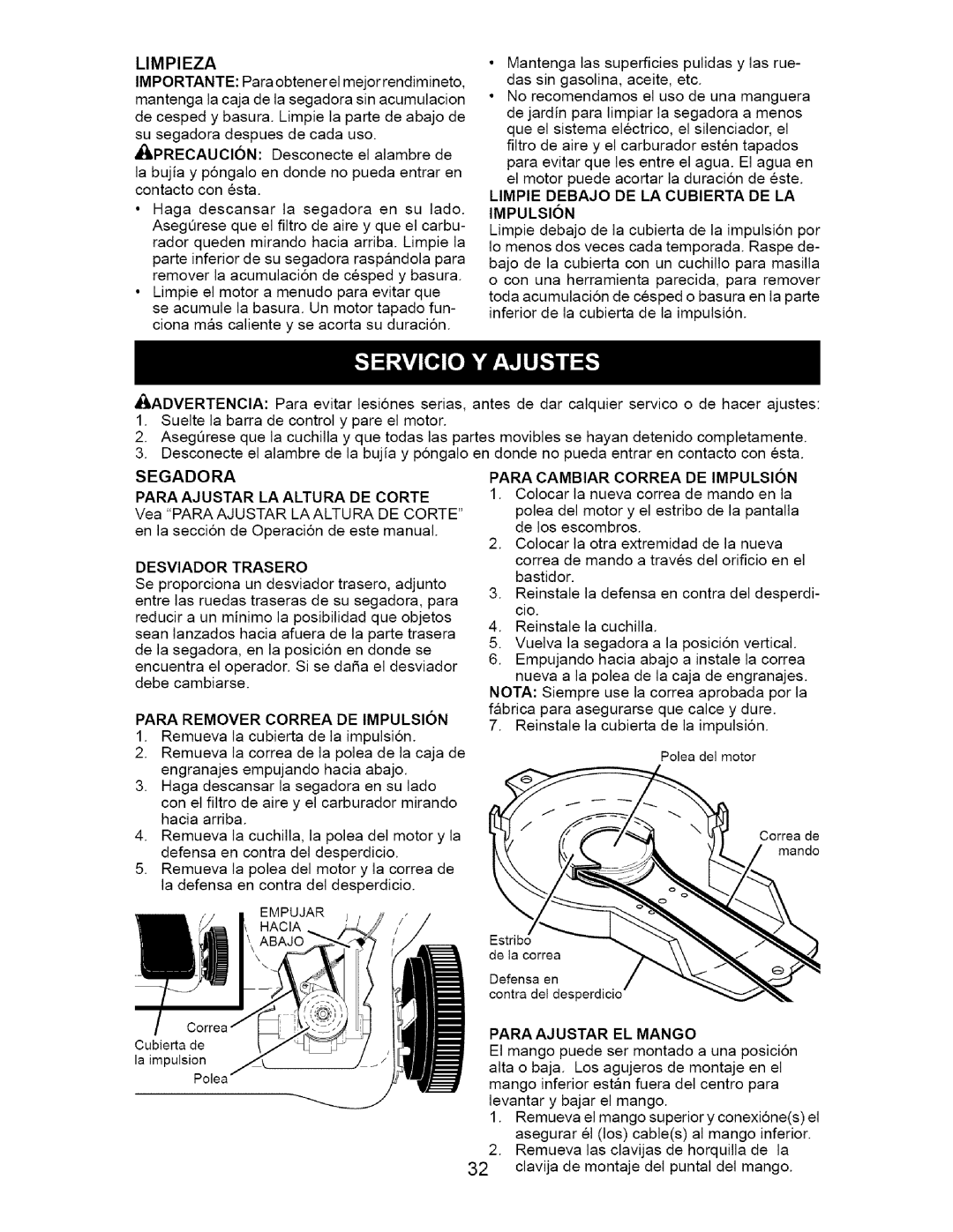 Craftsman 917.376671 owner manual Segadora, Para Ajustar La Altura De Corte, Para Remover Correa De Impulsion 