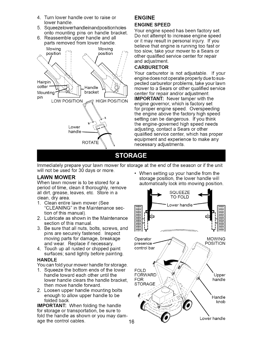 Craftsman 917.376672 Carburetor, High Position, LOW Position, Rotate, Lawn Mower, Squeeze, To Fold, Handle, Forward 