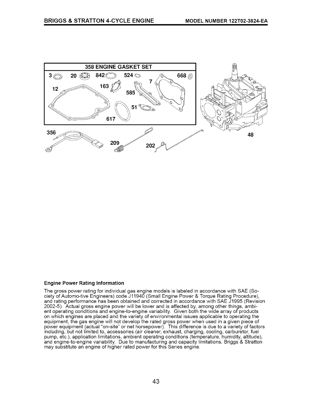 Craftsman 917.376672 owner manual Briggs & Stratton 4-CYCLE Engine, Model Number 122T02-3824-EA, 358, Engine Gasket SET 