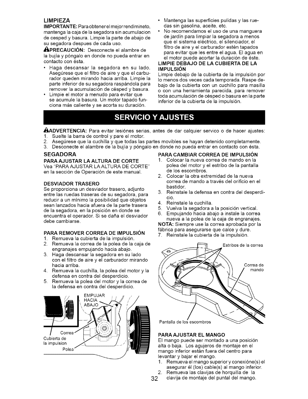 Craftsman 917.376673 manual Segadora, Para Ajustar LA Altura DE Corte, Para Remover Correa DE Impulsion 