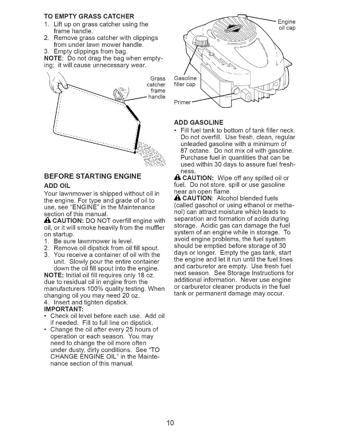 Craftsman 917.376674 owner manual Before Starting Engine, To Empty Grass Catcher, Add Oil, ADD Gasoline 