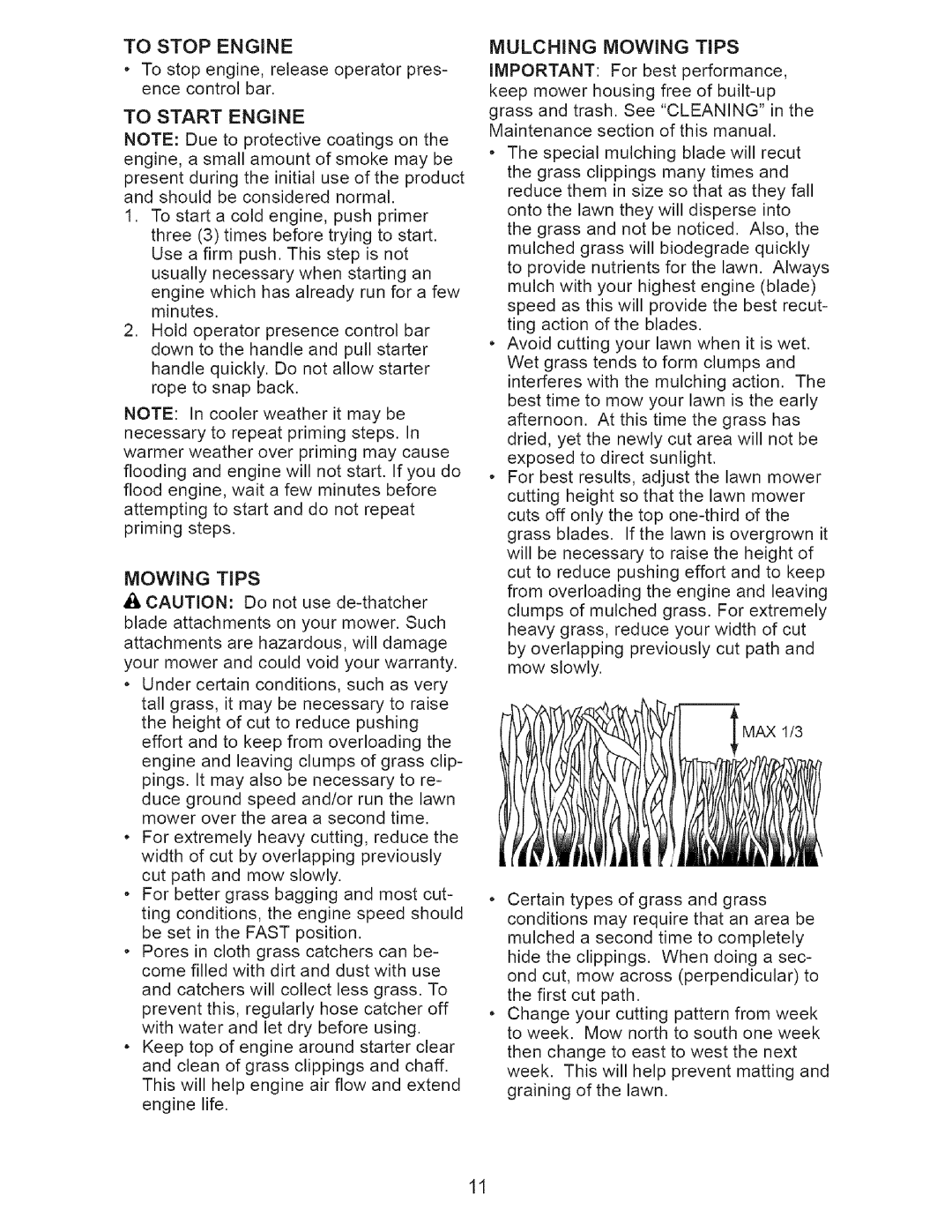 Craftsman 917.376674 owner manual To Stop Engine, To Start Engine, Mulching Mowing Tips 