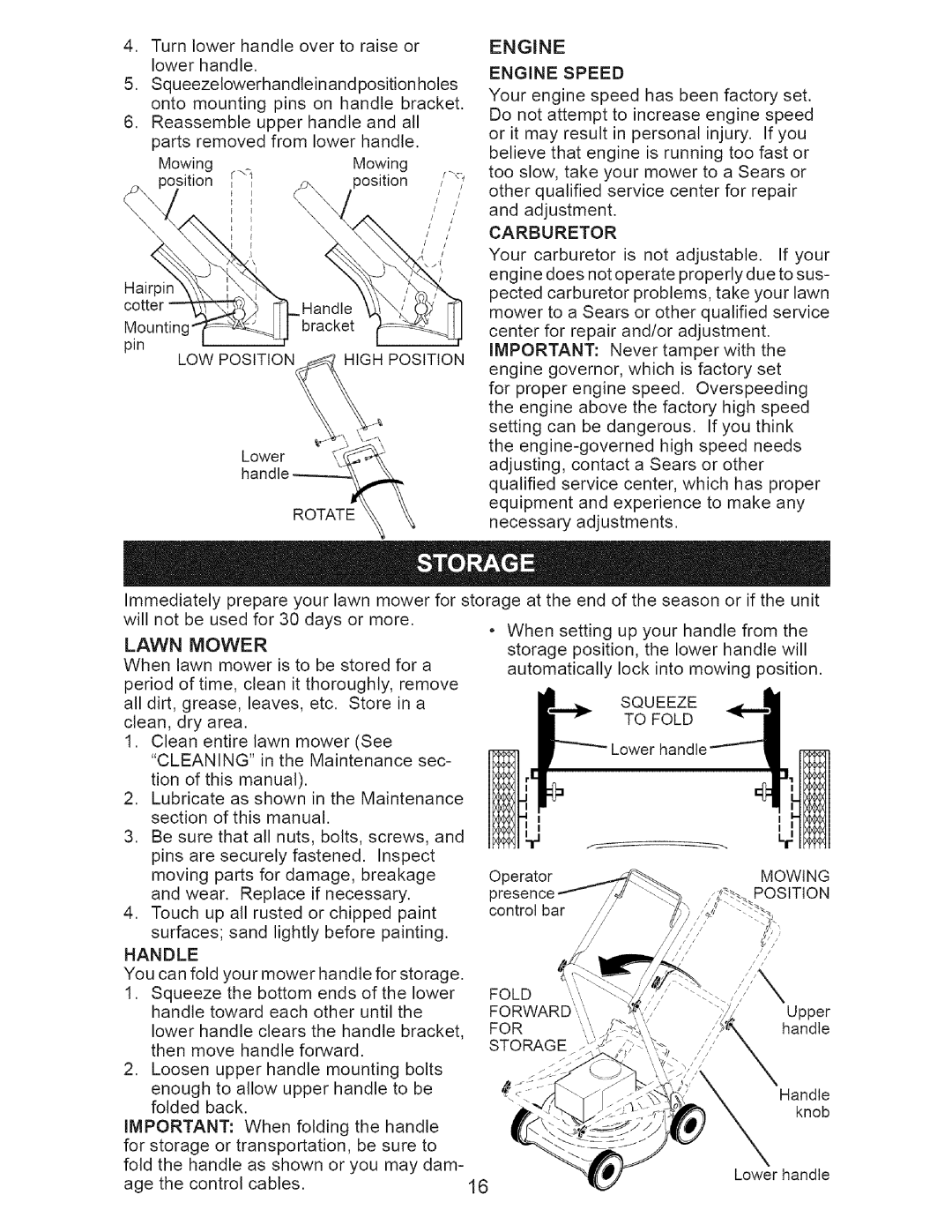 Craftsman 917.376674 owner manual High Position, Rotate, Carburetor, Lawn Mower, Squeeze, To Fold, Cleaning, Handle 