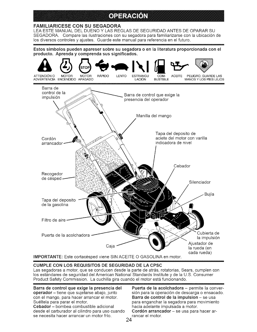 Craftsman 917.376674 owner manual Familiaricese CON SU Segadora, Cumple CON LOS Requisitos DE Seguridad DE LA Cpsc 