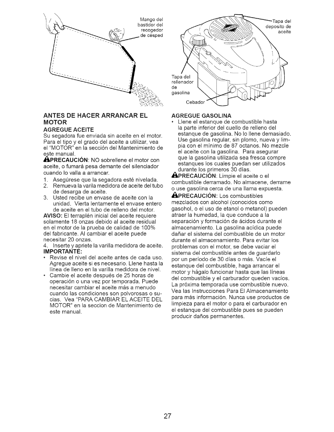 Craftsman 917.376674 owner manual Antes DE Hacer Arrancar EL Motor Agregue Aceite, Importante, Agregue Gasolina 