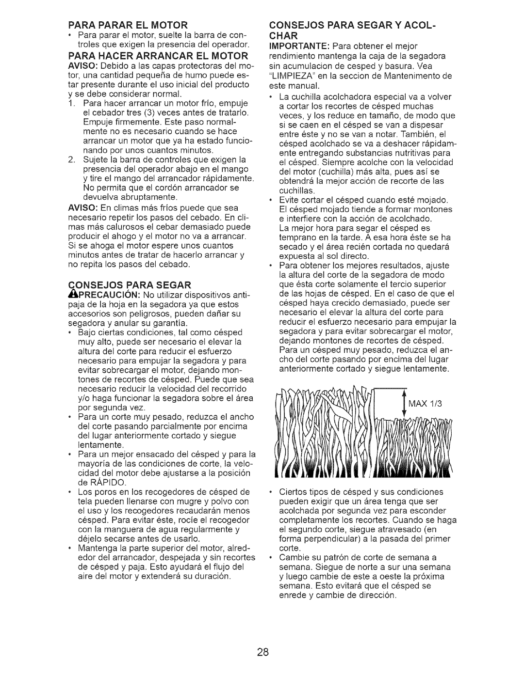 Craftsman 917.376674 owner manual Para Hacer Arrancar EL Motor, Consejos Para Segar Y ACOL- Char 