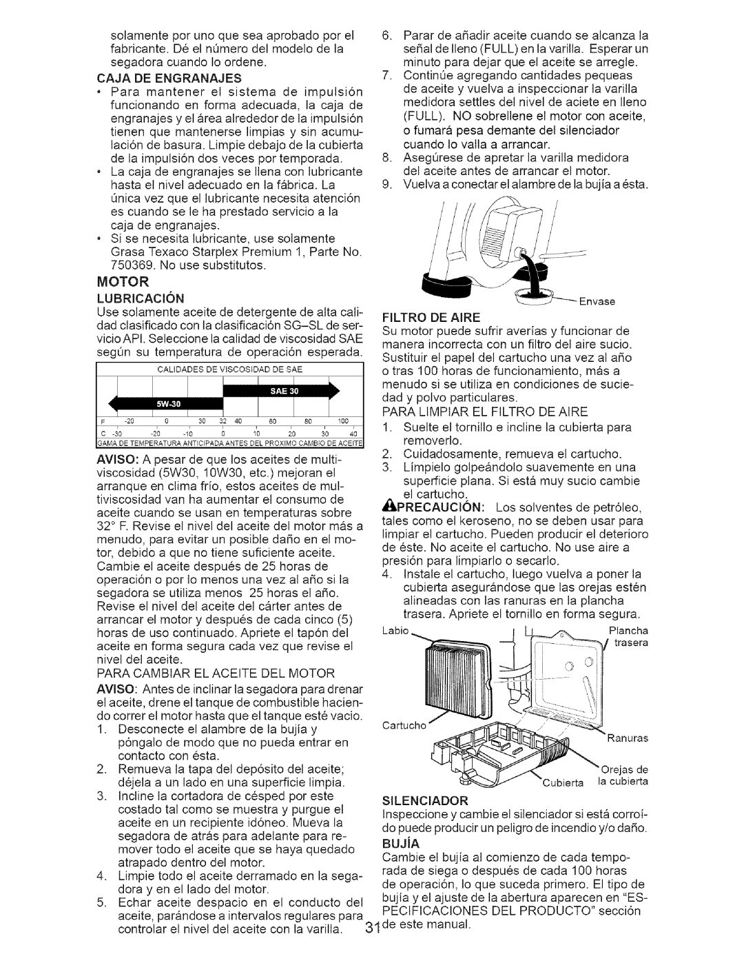 Craftsman 917.376674 owner manual Motor, Caja DE Engranajes, Para Limpiar EL Filtro DE Aire, Silenciador 