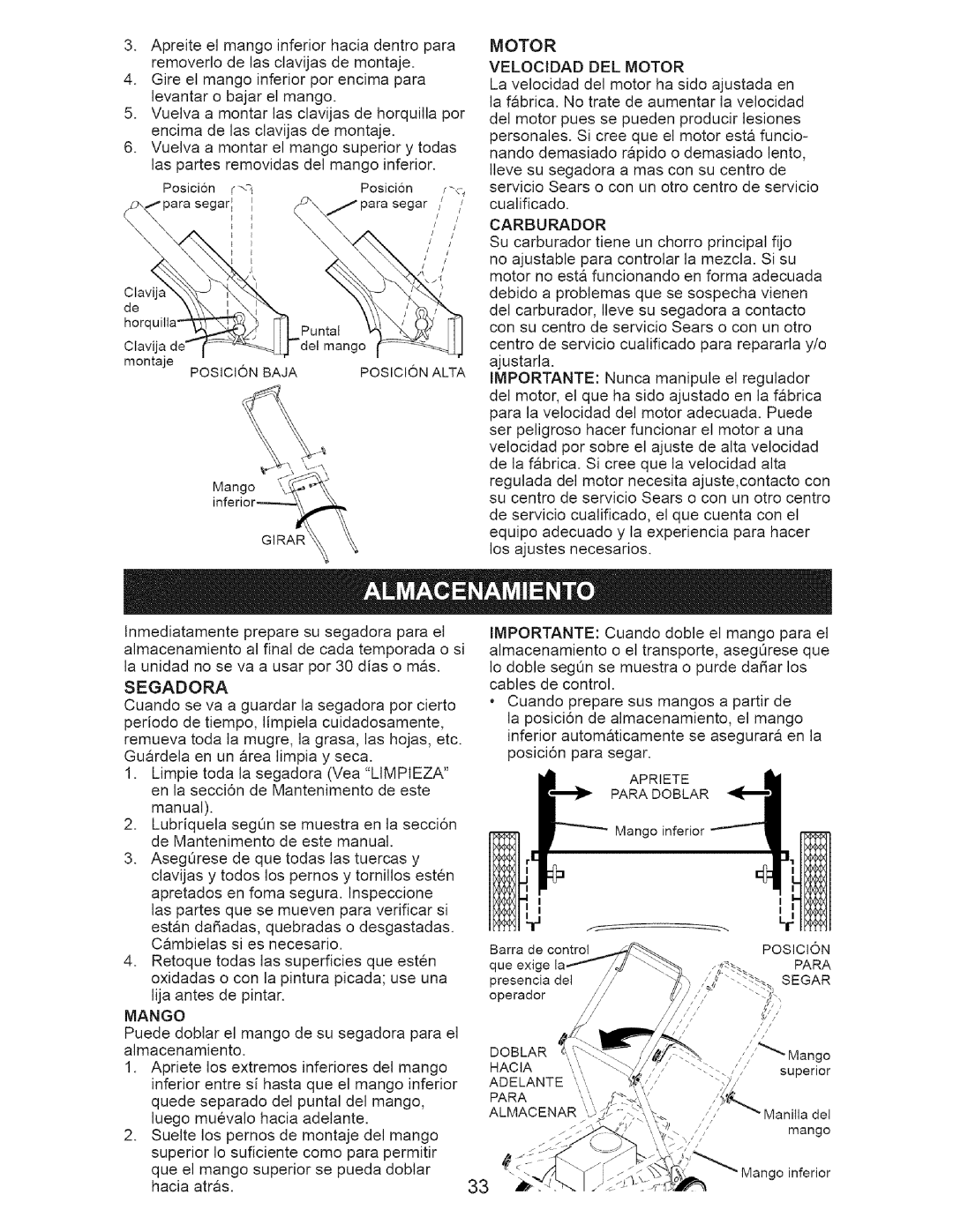 Craftsman 917.376674 owner manual Velocidad DEL Motor, Mango 