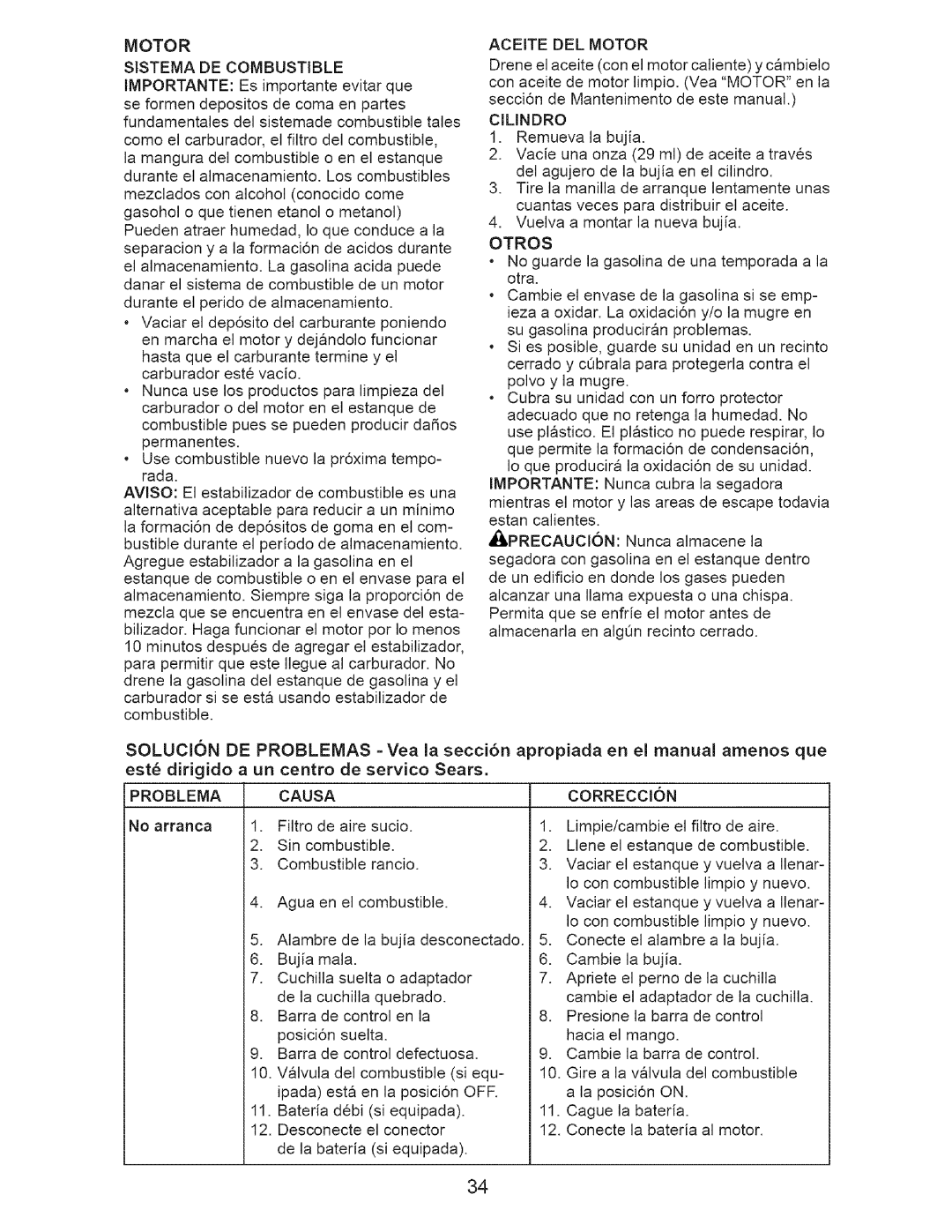 Craftsman 917.376674 owner manual Motor Sistema DE Combustible, Problema 