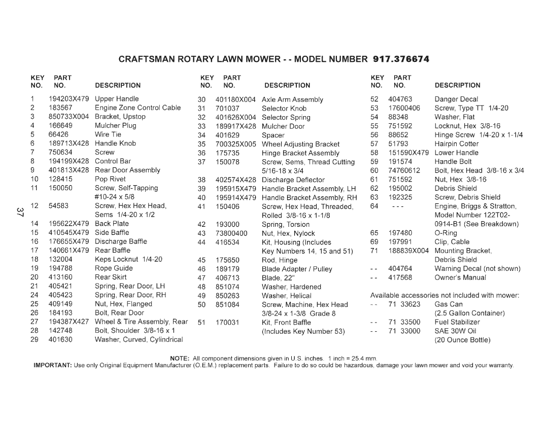 Craftsman 917.376674 owner manual Craftsman Rotary Lawn Mower - Model Number, 30W Washer Curved, Cylindrical Ounce Bottle 
