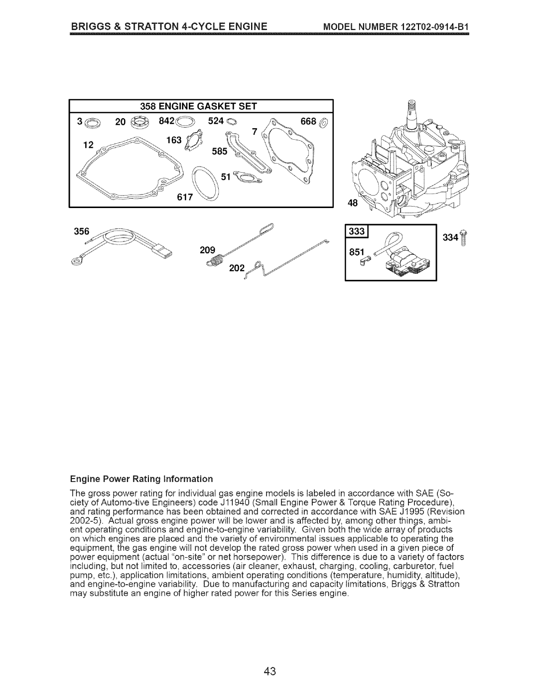 Craftsman 917.376674 owner manual Engine Gasket SET, 334 