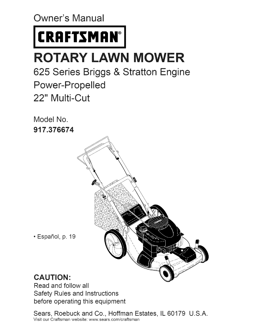 Craftsman owner manual Rotary Mower, Model No 917.376674, Craftsman, Owners Manual, Series Briggs & Stratton Engine 